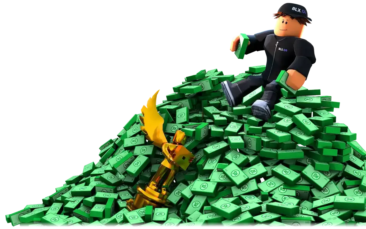 Roblox character sitting on money